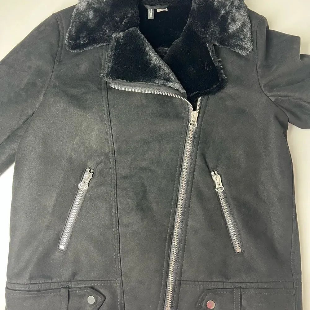 H&M Faux Fur-lined Biker Jacket Black Full Zip Aviator Size 8 - Picture 10 of 16